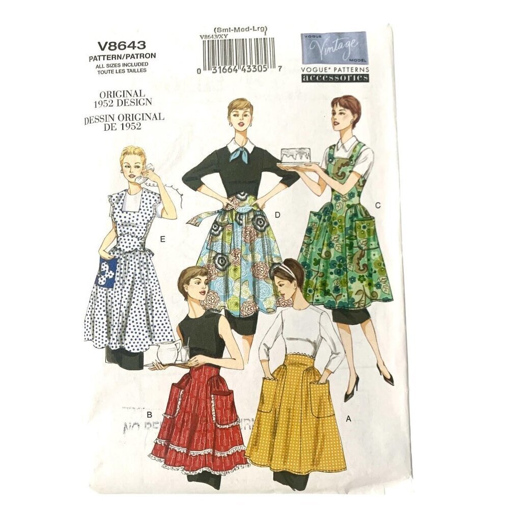 Vogue Sewing Pattern V8643 1952 Retro Aprons Half Full UNCUT Sz S M L